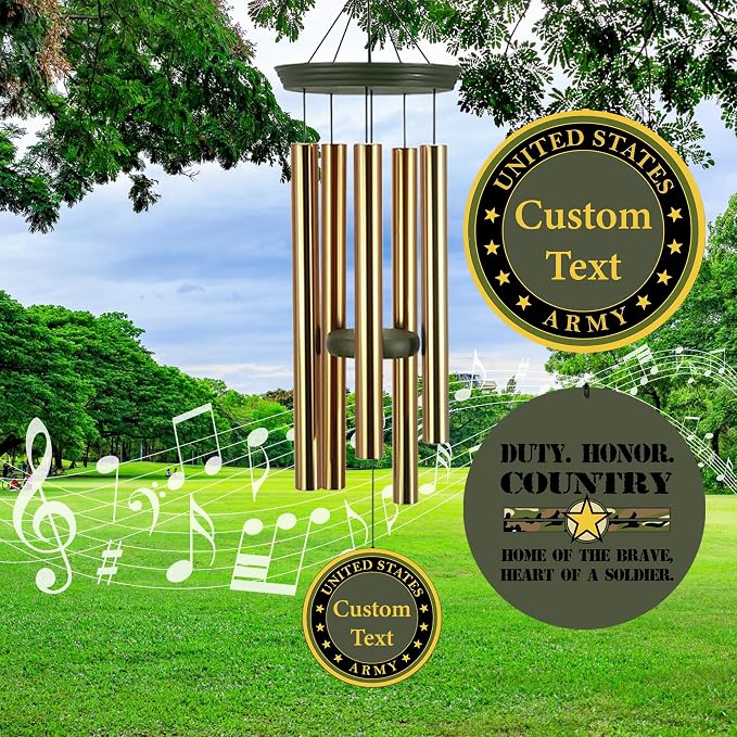 Deep Tone Wind Chimes for Army Soldiers Memory Gifts, Personalized Name/Date/Text Wind Chimes for US Military, Sympathy Gifts for Veteran, Veterans Day Gift(Produced in Texas)