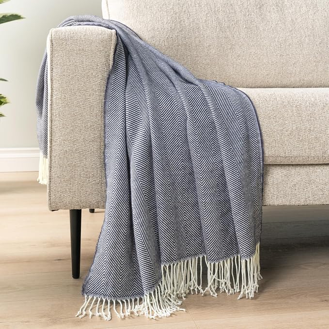PAVILIA Navy Blue Herringbone Throw Blanket for Couch Bed, Decorative Outdoor Throw Blanket, Faux Cashmere Blanket Throw, Lightweight Accent Sofa Blanket Throw, 50x60