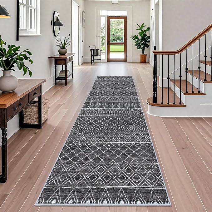 4x12 Extra Long Hallway Rug:Black Moroccan Modern Geometric Runner Rug | Washable Non Slip Low Pile Soft Indoor Mat, Pet Friendly, Suitable for Kitchen, Bedroom, Entryway and Laundry Room