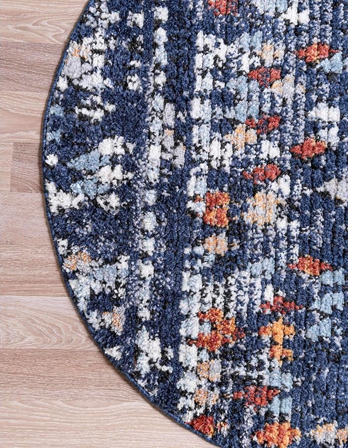 Unique Loom Morocco Collection Abstract Border, Diamond, Bohemian Area Rug (4' 0 x 4' 0 Round, Navy Blue/Black)