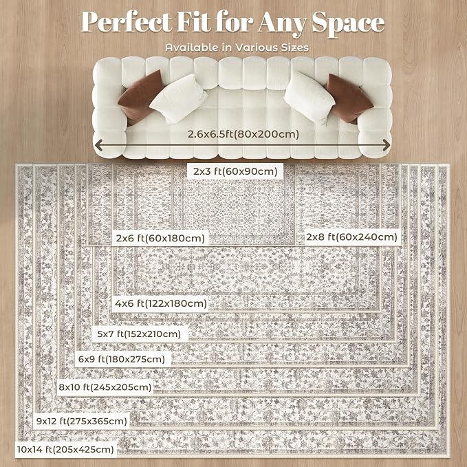 Living Room Rugs 8x10: Washable Moroccan Geometric Boho Rug Farmhouse Non Slip Stain Resistant Large Rug Low Pile Soft Carpet for Bedroom Dining Room Children Room (Grey Floral,8'x10')
