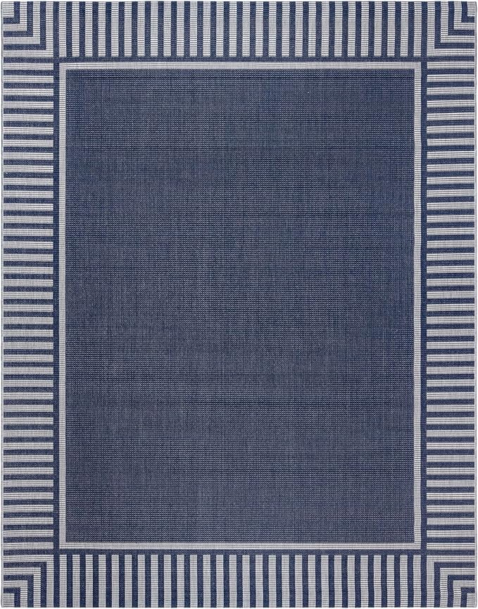 Gertmenian Indoor/Outdoor Flatweave Area Rug - 9x13 Extra Large, Stain & UV Resistant, Quick-Drying, Ideal for Deck, Patio, Poolside, Mudroom - Klano Striped Navy, Gray, 28011