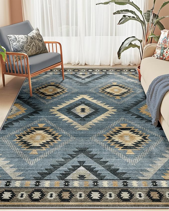 9'x12' Washable Area Rug for Living Room Bedroom Navy/Grey | Soft Western No Slip Low Pile Print Foldable Indoor for Kitchen Dining Room