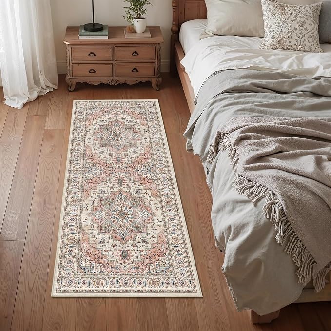 2x5 Vintage Runner Rug Low Pile Non-Slip Washable Kitchen Rug | Retro Distressed Print Rug Non-Shedding Beige Pink Carpet Stain Resistant Long Rug for Hallway Kitchen Bedroom Laundry Room