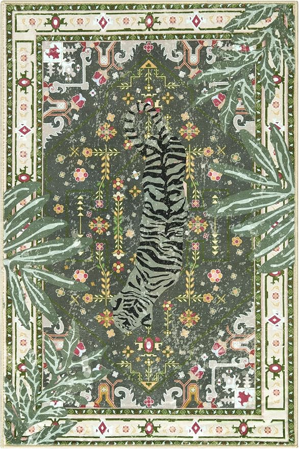 Oriental Tropical Entryway Rugs Washable, Greyish Green Boho Vintage Distressed Hippie 2x3 Throw Rugs for Bathroom Kitchen Entryway Indoor Non-Slip Abstract Botanical Tribal Accent Carpet