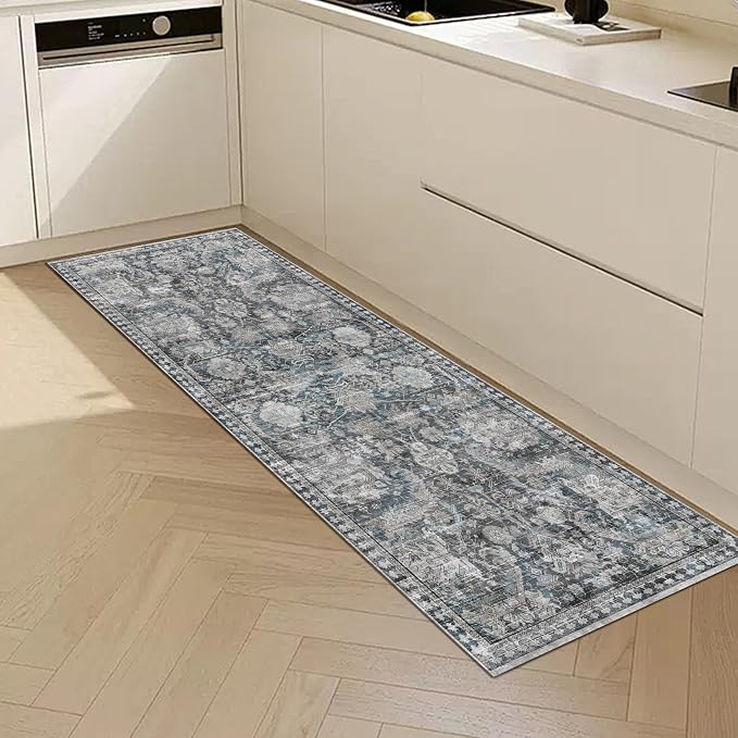 Washable Area Rugs - Perfect for Living Room, Bedroom, Kids Room, Nursery - Stain & Water Resistant Non-Slip, Pet & Child Friendly, Vintage Tribal Area Rugs (Grey and Bule, 2'6'' x 8')