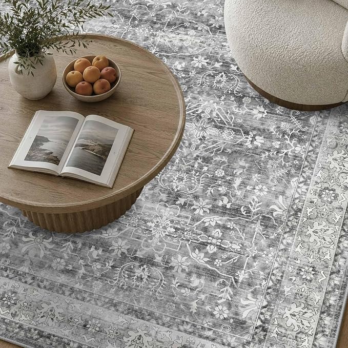 Latte&Fog 6x9 Area Rugs for Living Room Washable Vintage Grey Rugs Large | for Bedroom Kitchen Dining Kids Nursery Classroom Playroom Farmhouse Office Dorm, Non Slip Soft Carpet, Large Floral Rug