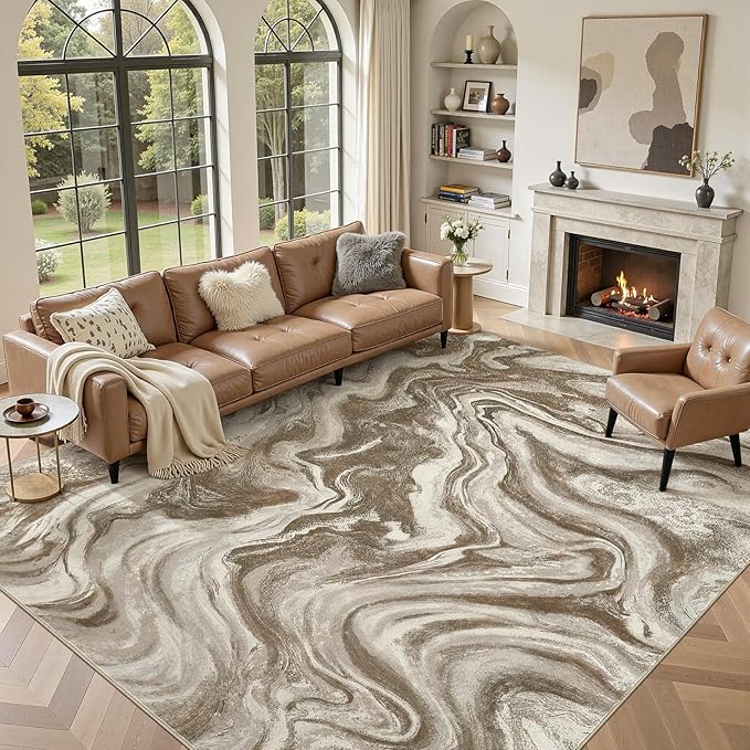 DMOYEST 8x10 Area Rug for Living Room Washable Abstract Indoor Carpet | Neutral Modern Low Pile Rugs Kid & Pet Friendly Large Soft Thin Carpet for Bedroom Dining Room and Office - Sand Brown