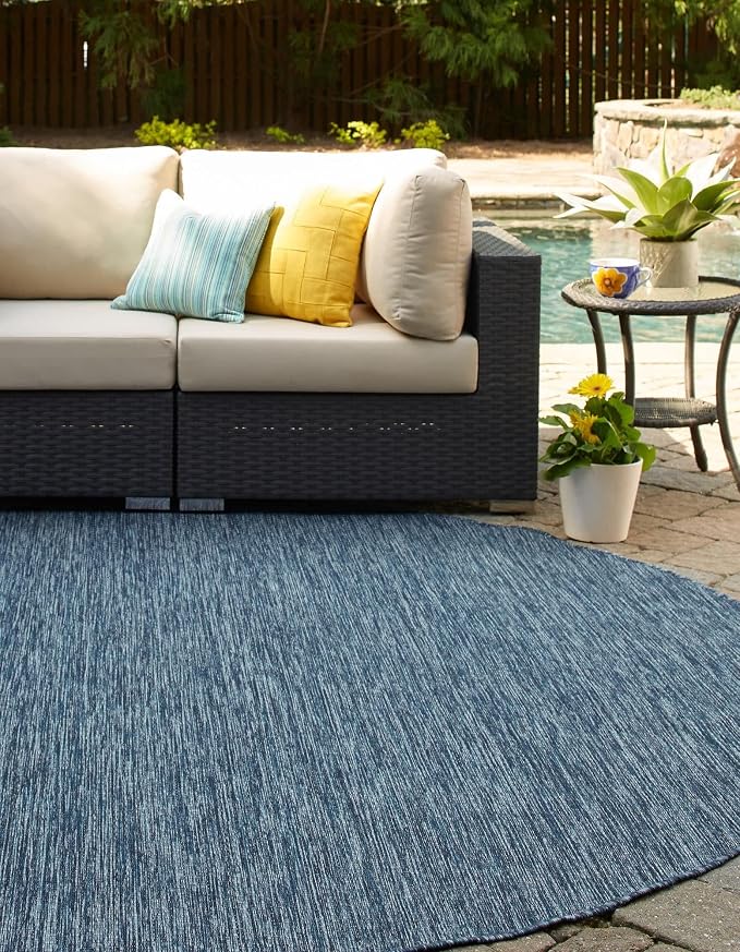 Unique Loom Collection Casual Transitional Solid Heathered Indoor/Outdoor Flatweave Area Rug (8' Round, Blue/Navy Blue)