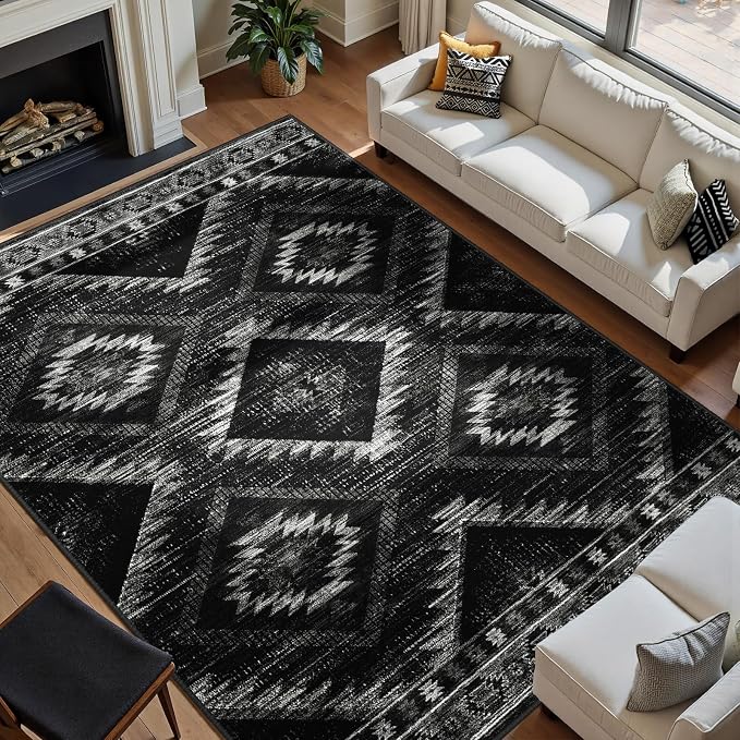 9'x12' Washable Area Rug for Living Room Bedroom Black | Soft Western No Slip Low Pile Print Foldable Indoor for Kitchen Dining Room