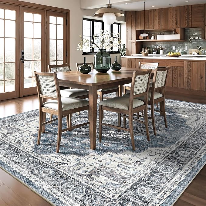 8x10 Area Rug for Living Room Large Vintage Distressed Area Rug | Non-Slip, Retro Print, Low Pile, Stain Resistant Carpet, Soft Easy Clean Blue Area Rug, for Bedroom, Dining Room, Playroom