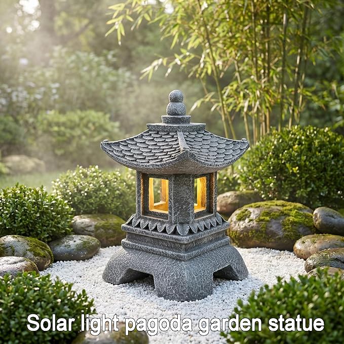 Solar Pagoda Decors Garden Statues, Zen Asian Outdoor Statues Accessories Japanese Pagoda Lamp Lantern for Garden Balcony Patio Porch Yard Art Ornament Decoration, 12 Inches