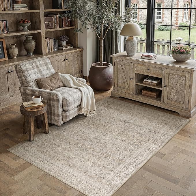 3x5 Beige Vintage Distressed Washable Area Rug for Entryway | Low Pile, Non Slip, Retro Style, Soft Distressed Indoor Rug for Entryway, Kitchen, Bathroom, Door Mat, Home Decor