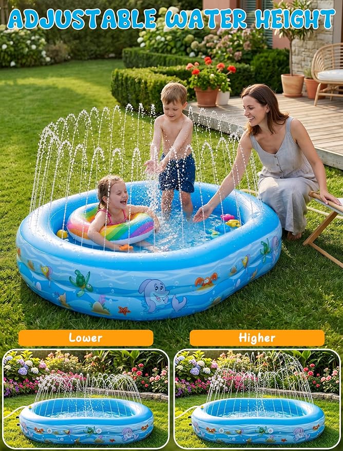 Inflatable Kids Pool with Canopy and Sprinkler 65" x 46", Kiddie Blow Up Pool with Shade Cover for Baby Swimming, Toddler Ball Pit for Backyard Water Fun Indoor Outdoor Summer Toys