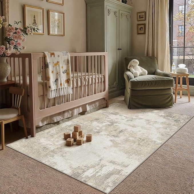 3x5 Beige Grey Modern Abstract Washable Area Rug for Entryway | Low Pile, Non Slip, Modern Abstract Style, Soft Indoor Rug for Entryway, Kitchen, Bathroom, Door Mat, Home Decor