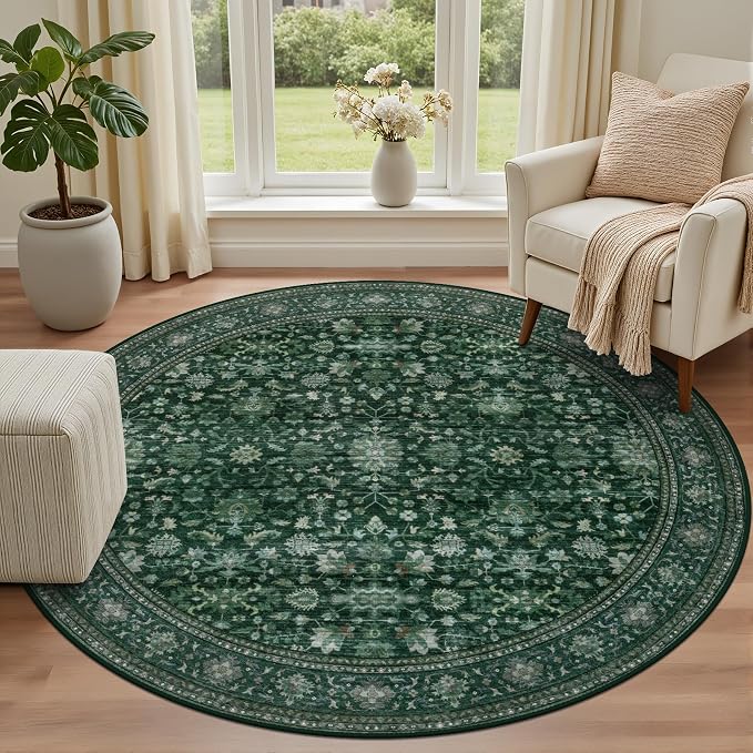 Round Area Rug for Living Room: 4ft Boho Washable Rug Deep Green | Vintage Boho Soft Round Rug Indoor Floor No Slip Carpet Stain Resistant Rugs for Bedroom Dining Room Nursery Home Office