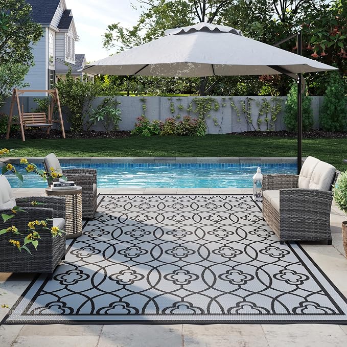 Outsunny Outdoor Rug for Patio, 9' x 18' Waterproof Large Mat, Reversible Plastic Straw Rug for Decor, Portable Outside RV Camping Area Carpet Mat for Backyard Porch Deck Picnic, Black & Gray Lantern