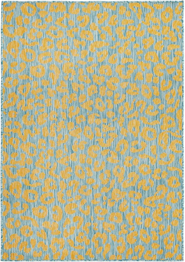 Unique Loom Outdoor Safari Collection Area Rug - Leopard (4' 1" x 6' 1" Rectangle, Blue Yellow/ Blue)