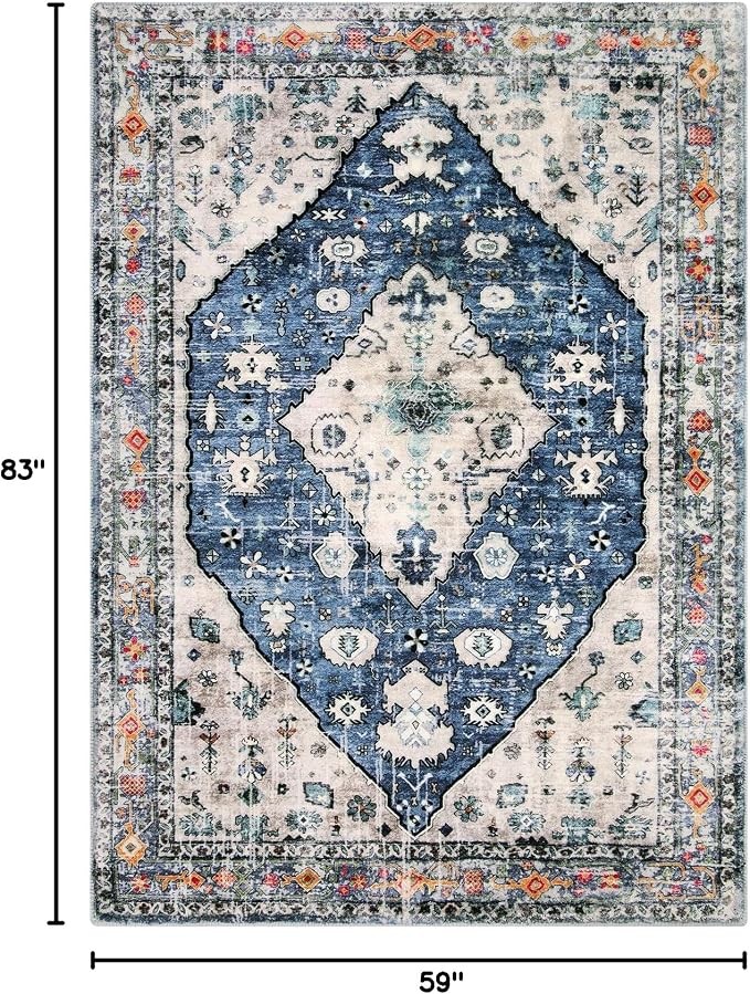 Lahome Felice Boho Tribal Area Rug - Blue 5x7 Large Rug for Bedroom Soft Non Slip Washable Non Shedding Living Dining Room Mat, Indoor Turkish Office Carpet for Dorm Kitchen Nursery Dining Bedroom