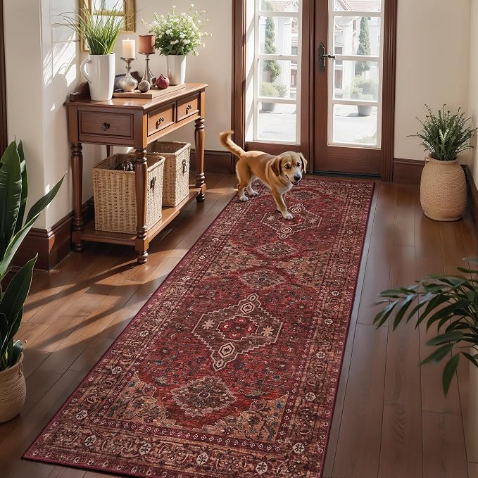 Tangsoo Boho 3x6 Washable Runner Rug for Entryway, Red Non Slip Runner Rug | Oriental Print Carpet Runner,VIntage Soft Low Pile Accent Runner Rug for Entryway Living Room Dining Bedroom Bedroom Dark Red