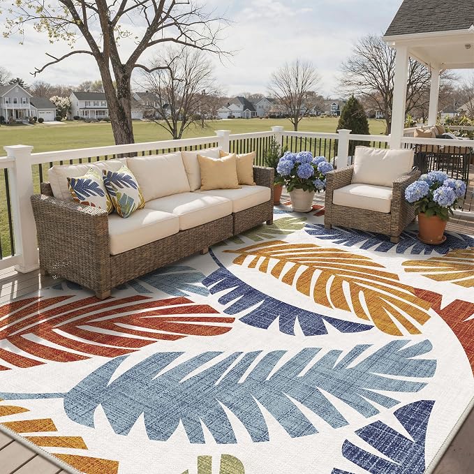 GENIMO Outdoor & Indoor Area Rug 10'x14', Waterproof, Non-Shedding, Easy Cleaning, Leaf Mat for Patio, Living Room, Balcony, Dining Room, RV, Deck, Bedroom, Camping, Outside Carpet, Rust Navy
