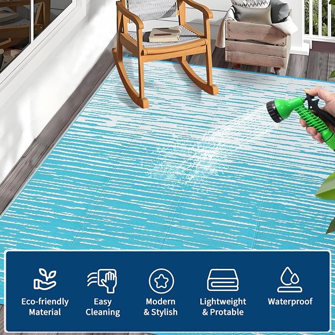 Garvee Waterproof Outdoor Rug for Camping, 6x9 Abstract Outdoor Patio Rug Plastic Straw RV Rugs for Outside, Reversible UV Resistant Modern Mats for Picnic Backyard Deck Balcony, Light Blue