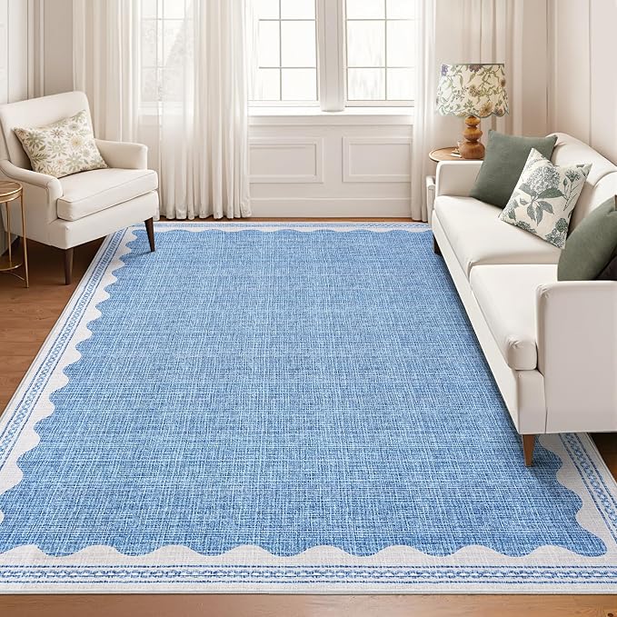 GarveeHome Scalloped Blue Washable Rugs 10x13 Rug for Living Room Non-Slip Solid Modern Minimalism Low-Pile Carpet 10 x 13 Rug for Bedroom Dining Nursery Rug