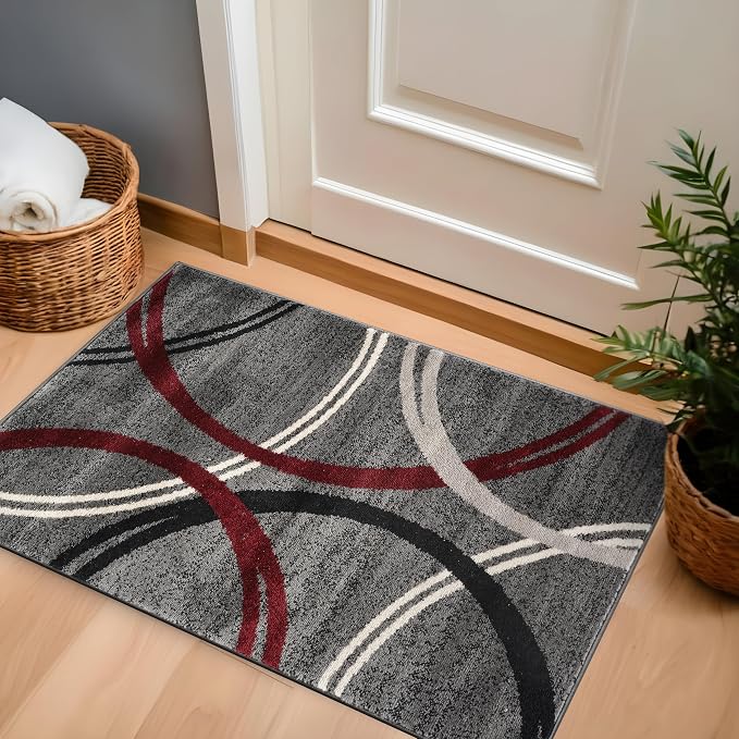 Rugshop Wavy Circles Modern Non-Shedding Accent Area Rug Red 2'7" x 4' | Rectangular, Size 2'7" x 4', Living Room, Bedroom, Dining Room, Home Office, Kitchen, Entryway, Hallway, Nursery, Kids Room