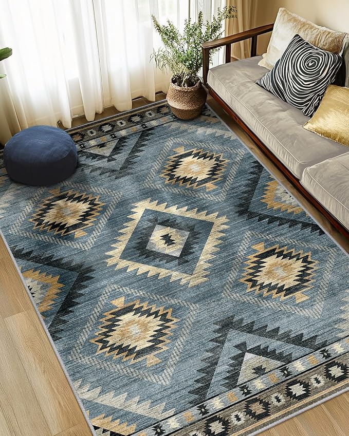8'x10' Washable Area Rug for Living Room Bedroom Navy/Grey | Soft Western No Slip Low Pile Print Foldable Indoor for Kitchen Dining Room