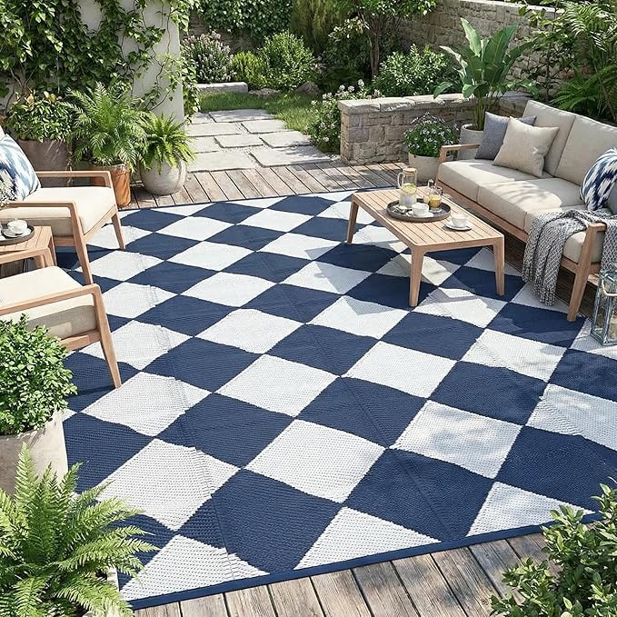 Garvee 9x12 Outdoor Rug for Patio Plastic Straw Rug Waterproof Reversible Mat Lightweight Foldable Carpet Easy Clean Large Rugs for Patio Porch Backyard Camping RV Beach Balcony Deck Checkered Navy
