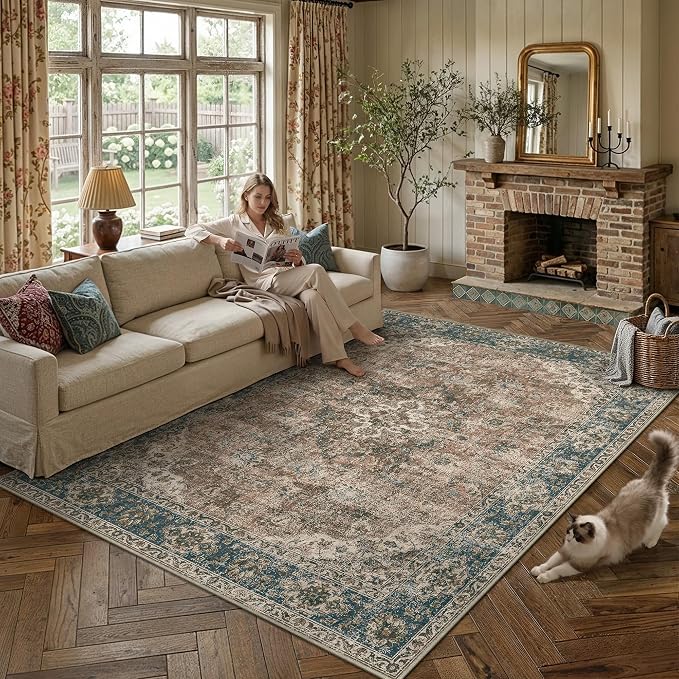 HUGEAR Area Rug 9x12 Machine Washable Living Room Rugs Blue Brown Distressed Vintage Floral Low Pile Carpet Bedroom Office Dining Room Laundry Room Non Slip Soft Lightweight