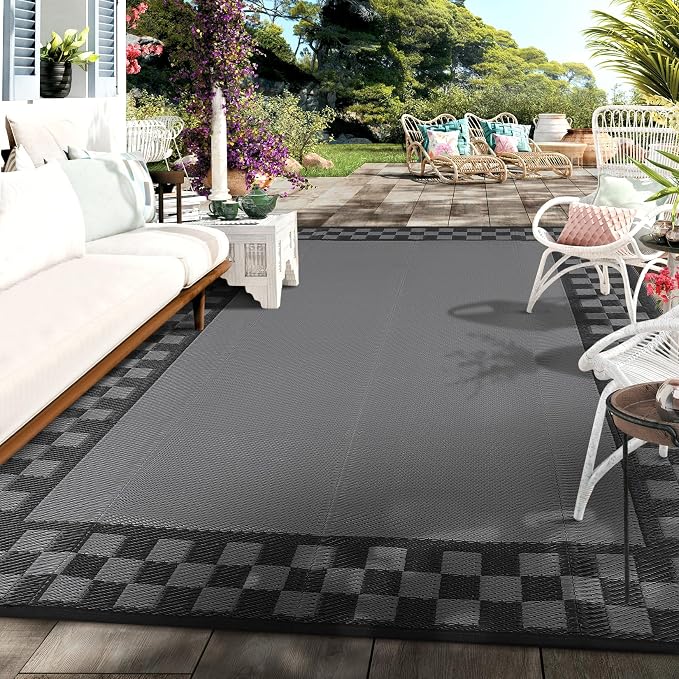 Outdoor Rug 8x10 Waterproof Patio Rugs Modern Geometric Border Reversible Mat Rv Foldable Plastic Straw Carpet for Travel Trailers, Deck, Picnic, Porch, Camper, Balcony, Beach，Black/Grey