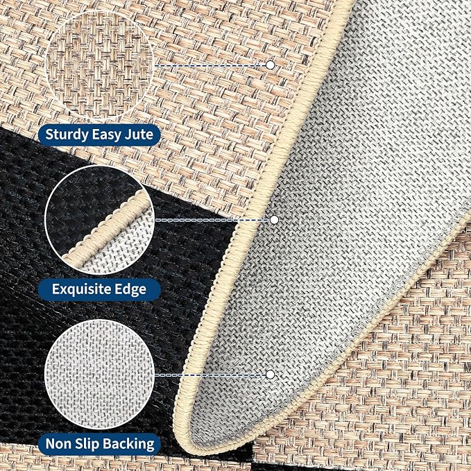 GarveeHome Checkered Easy Jute Runner Rug 2x6 Non-Slip Machine Washable Stain Resistant Indoor Outdoor Rugs for Living Room, Bedroom, Kitchen, Dining, Patio - Farmhouse Style Black