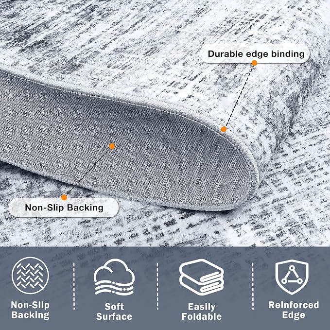 8x10 Washable Area Rug for Living Room Bedroom: Non-Slip Modern Black Grey | Machine Washable TPR Backing, Stain-Resistant Low Pile, Pet & Kid Friendly, Abstract Decor for Dining Room, Dorm, Home Office