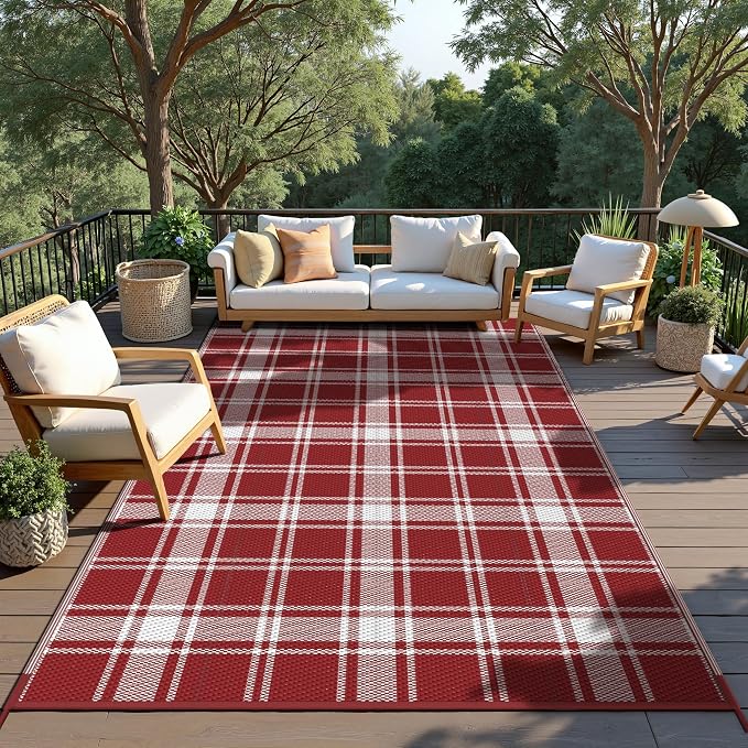 GENIMO Waterproof Outdoor Rug for Patio Clearance, 4'x6' Reversible Plastic Straw Rugs, Lightweight RV Camping Mat for Camper, Balcony, Deck, Backyard, Picnic, Red White Plaid