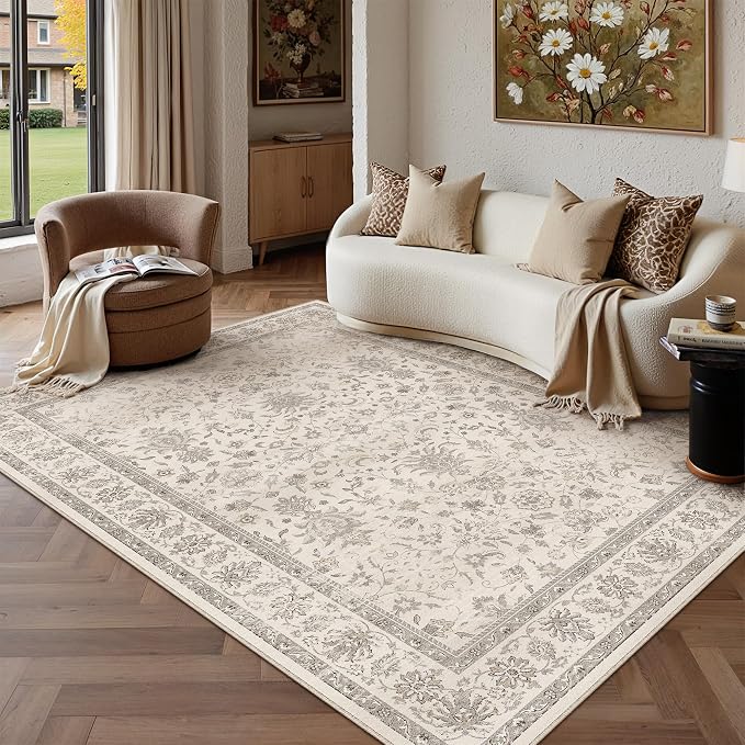 Beige 5x7 Washable Area Rug Neutral Vintage Floral Carpet | Soft Low Pile, Non Slip, Stain Resistant, Retro Accent Decor for Living Room, Bedroom, Dining Room, Kids Room, Office