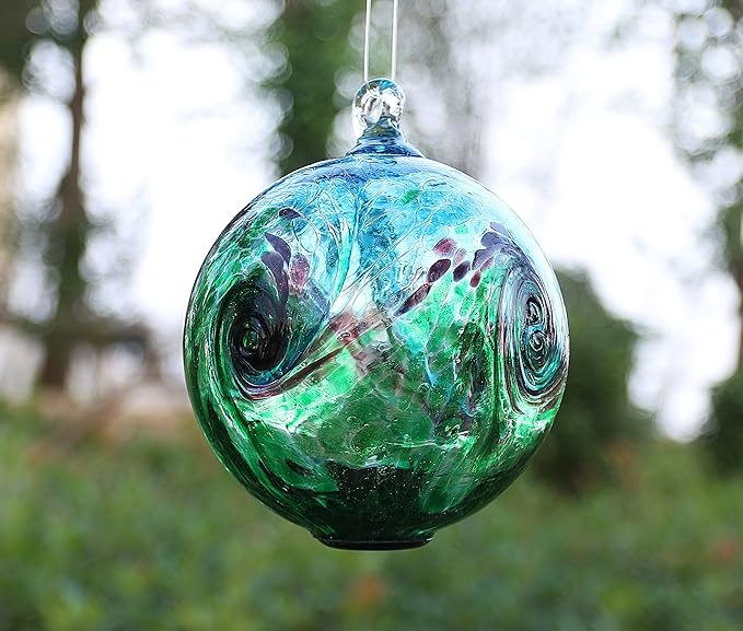 Artisan Crafts and Design 4.6-Inch Solar Hanging Glass Gazing Ball Outdoor Garden Décor Aqua-Green Swirl