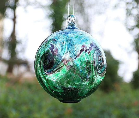 Artisan Crafts and Design 4.6-Inch Solar Hanging Glass Gazing Ball Outdoor Garden Décor Aqua-Green Swirl