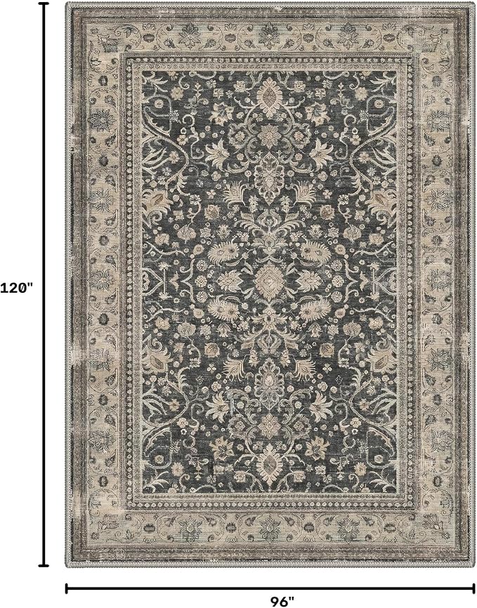8X10 Living Room Area Rug, Boho Oriental Floral Washable Non Slip | Floral Vintage Rug for Bedroom Dining Room, Dusty Charcoal Soft Low Pile Faux Wool, Stain Resistant Non-Shedding Pet-Friendly