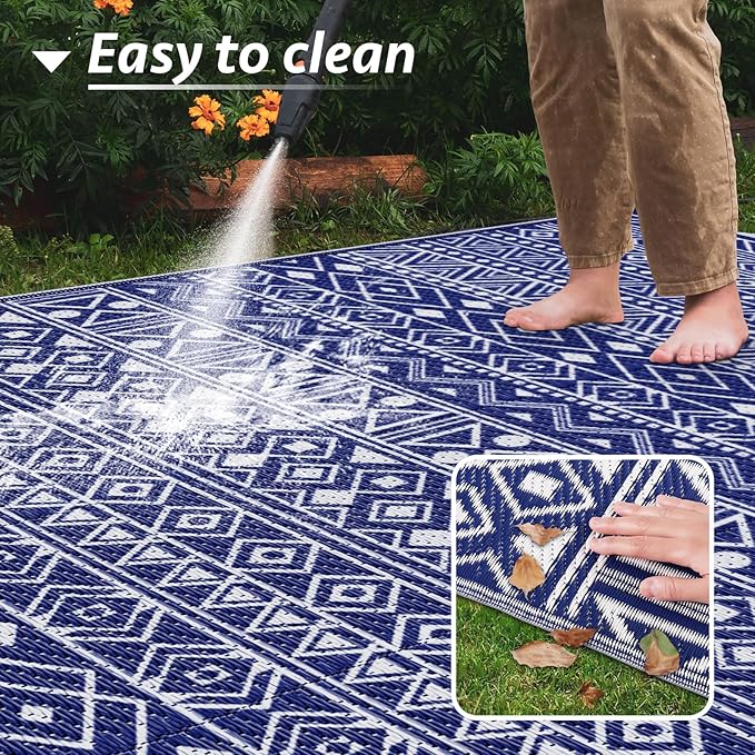 StepLively Outdoor Rug 8x10 ft, Reversible Waterproof Outdoor Plastic Straw Rug, Patio Rug Waterproof, Outdoor Large Area Rug for RV, Camping, Garden, Porch, All-Weather & Easy to Clean(Blue)