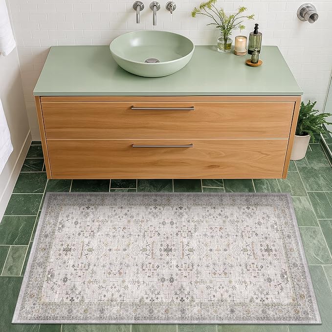 Boho Bathroom Rug 2x4 - Washable Low Pile Area Rugs for Entryway Door Mat Indoor Entrance, Soft Small Throw Kitchen Carpet, Modern Vintage Light Gray & Sage Eclectic Geometric Floral Décor