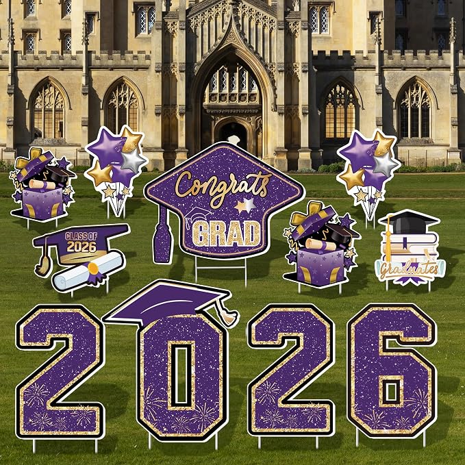 Large 11 PCS Graduation Yard Signs, Class of 2026 Congrats Grad Outdoor Lawn Yard Sign with Stakes, Graduate Yard Decorations for College High School Party, Purple and Gold