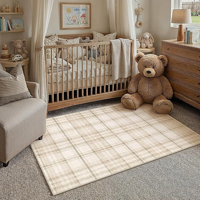 4x5 Beige Plaid Bedroom Area Rug | Washable, Low Pile, Modern, Neutral, Soft, Non Slip, Rug for Living Room Dining Room Nursery Office Indoor Home Decor