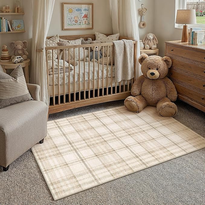 4x6 Beige Plaid Bedroom Area Rug | Washable, Low Pile, Modern, Neutral, Soft, Non Slip, Rug for Living Room Dining Room Nursery Office Indoor Home Decor
