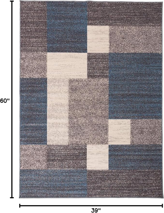 Rugshop Geometric Boxes Non-Slip Contemporary Area Rug Blue 3'3" x 5' | Non-Shedding, Rectangular, Size 3'3" x 5', Living Room, Bedroom, Dining Room, Home Office, Kitchen, Entryway, Hallway