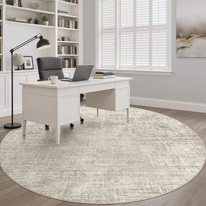 LOONGRUG Round Rug 6x6 Washable Neutral Modern Rug for Living Room Brown | Circle Abstract Soft Stain Resistant Indoor Non-Slip Carpet for Bedroom Nursery Kids Office Playroom