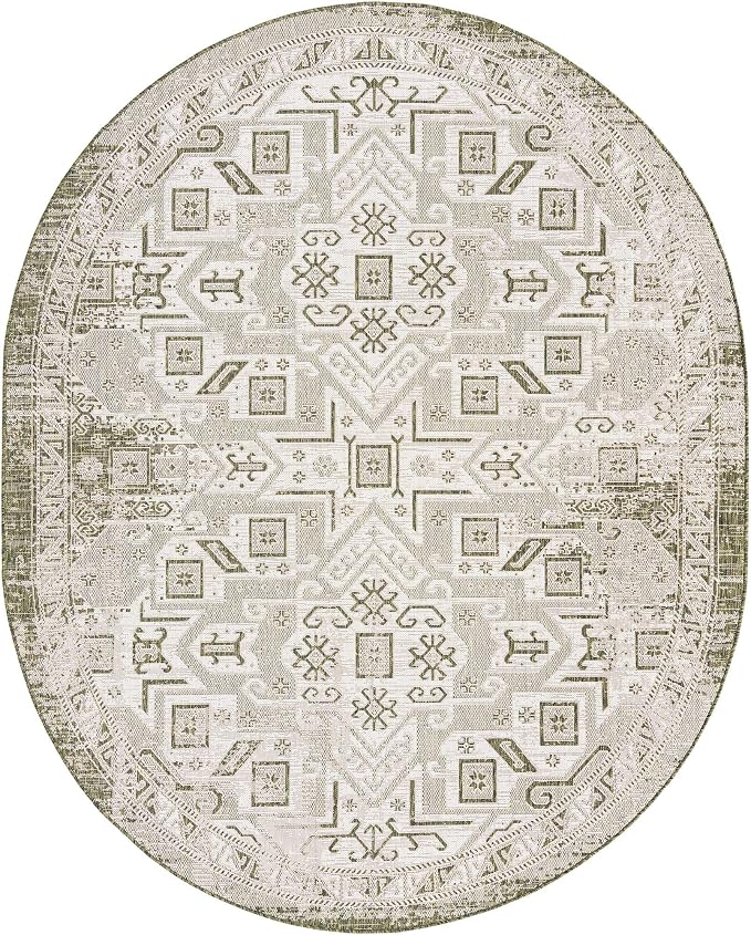 Unique Loom Outdoor Aztec Collection Area Rug - Coba (7' 10" x 10' Oval, Green/ Ivory)