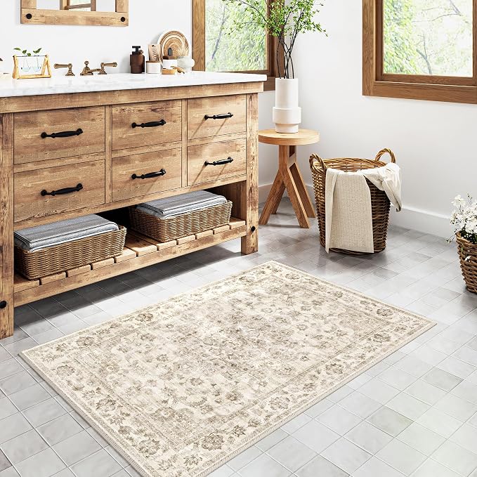 2x3 Beige Neutral Area Rug | Washable, Non Slip, Soft Low Pile, Vintage Farmhouse, for Entryway Kitchen Bathroom Living Room Bedroom Indoor Home Decor