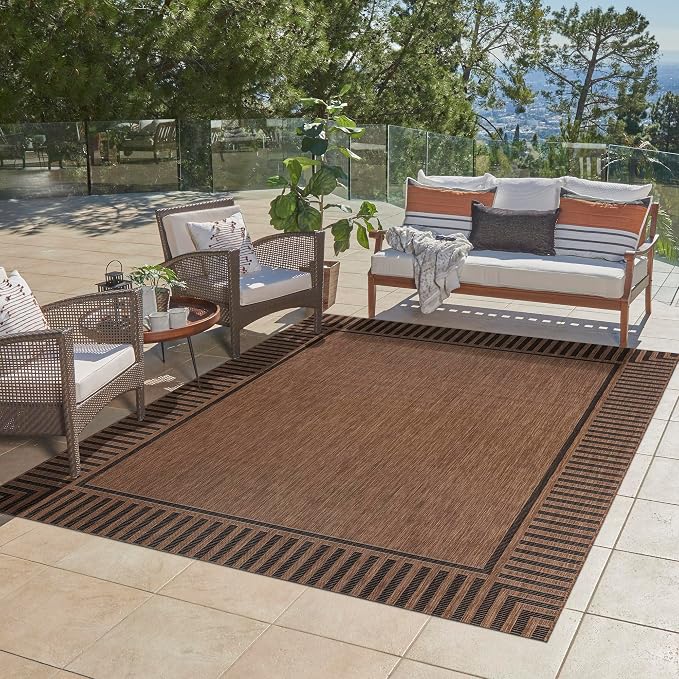 Gertmenian Indoor/Outdoor Flatweave Area Rug - 8x10 Large, Stain & UV Resistant, Ideal for Deck, Patio, Poolside, Mudroom - Klano Striped Havana, Black, 25413