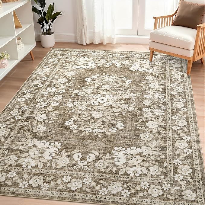 GarveeHome 3x5 Area Rug for Bedroom Vintage Floral Bordered Floor Carpets | Flower Leaf Accent Mat for Dining Room Machine Washable Non-Slip Low Pile Brown Area Rug for Living Room Hallway Entryway